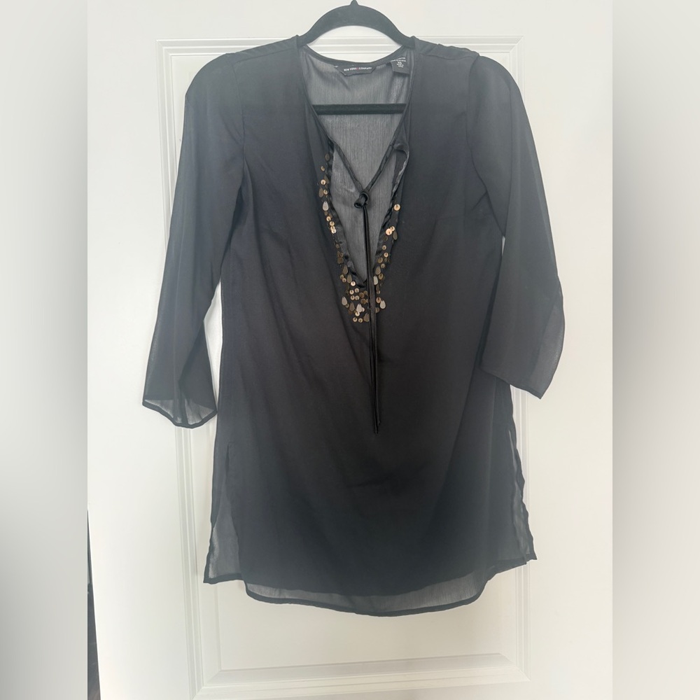 New York Co Black Sheer Tunic with Sequin Detail XS Beach coverup